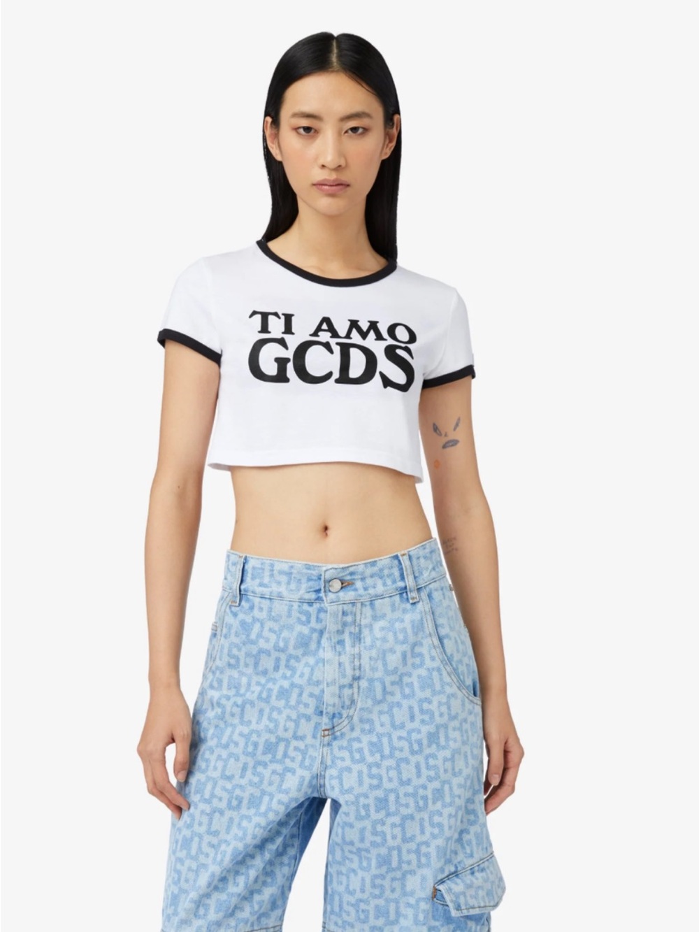 GCDS White Cropped Tee with Black Trim - 'TI AMO GCDS'
